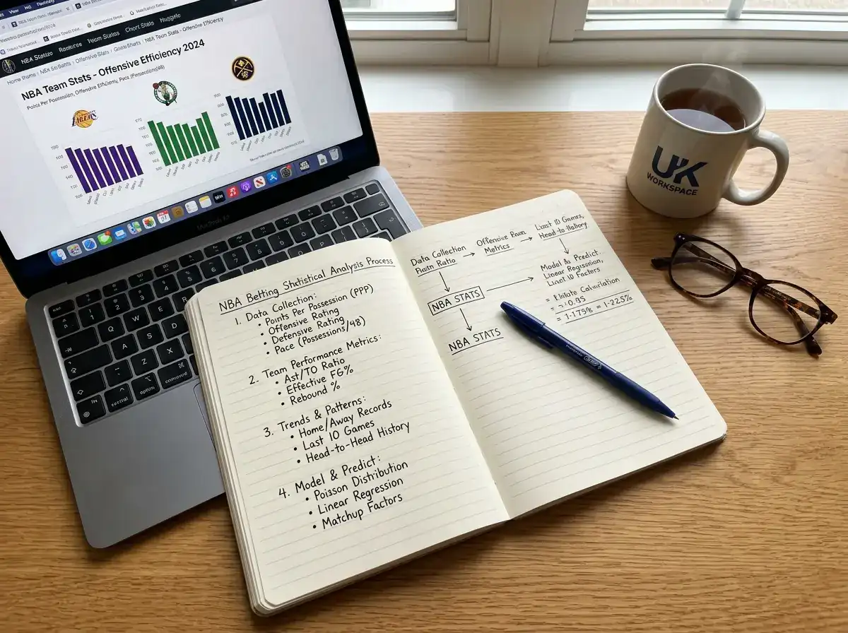 Sports analyst reviewing NBA team statistics and ATS records on notebook