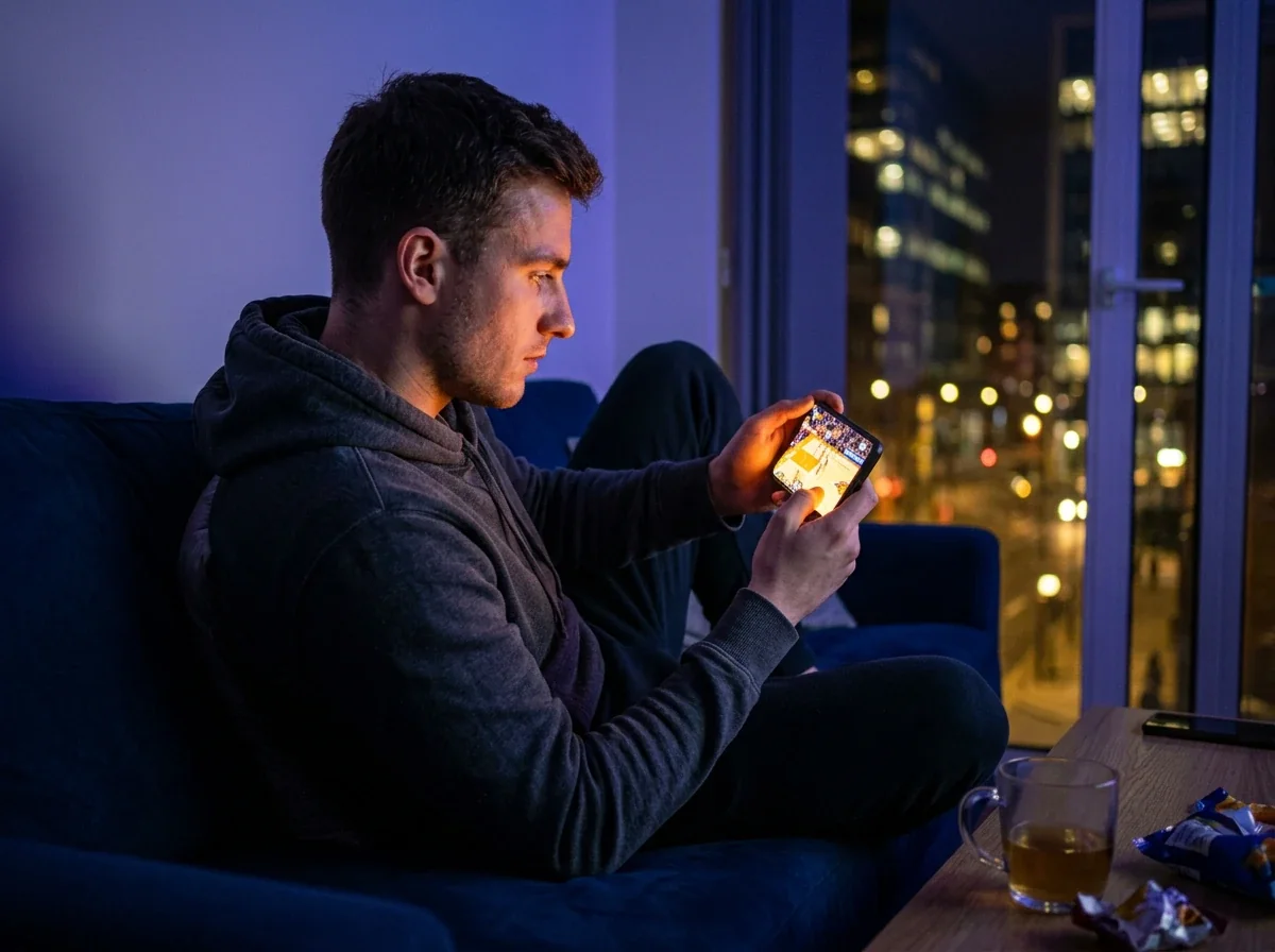 Young UK sports fan watching NBA game on mobile device late at night